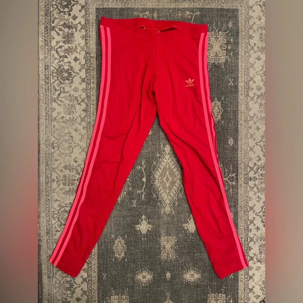 Adidas Red and Pink Sweatpants with Three-Stripe Design - Picture 1 of 2